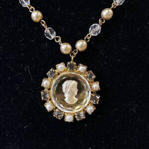 Vintage Lucite Intaglio Cameo with Faux Pearls and Rhinestones